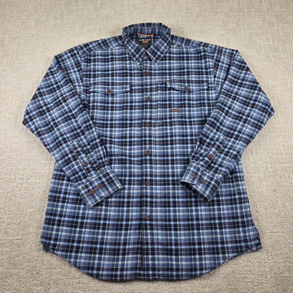Ariat Rebar Flannel Shirt Mens Medium Blue Plaid Workwear Button Down Pockets